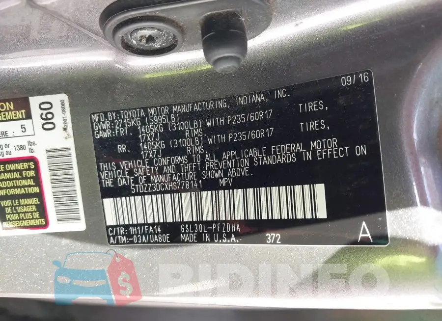 5TDZZ3DCXHS778141 Photo# 9