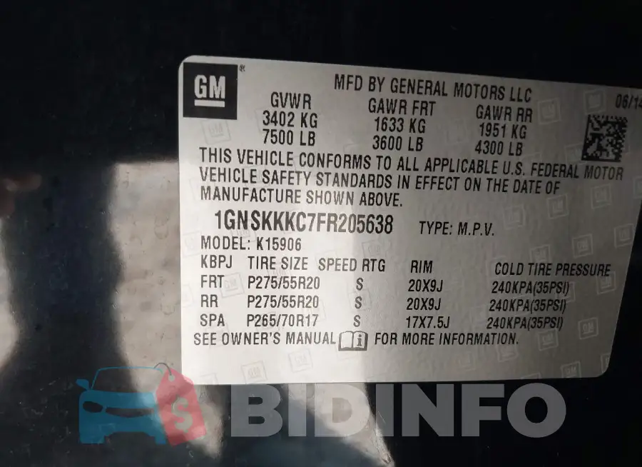 1GNSKKKC7FR205638 Photo# 9
