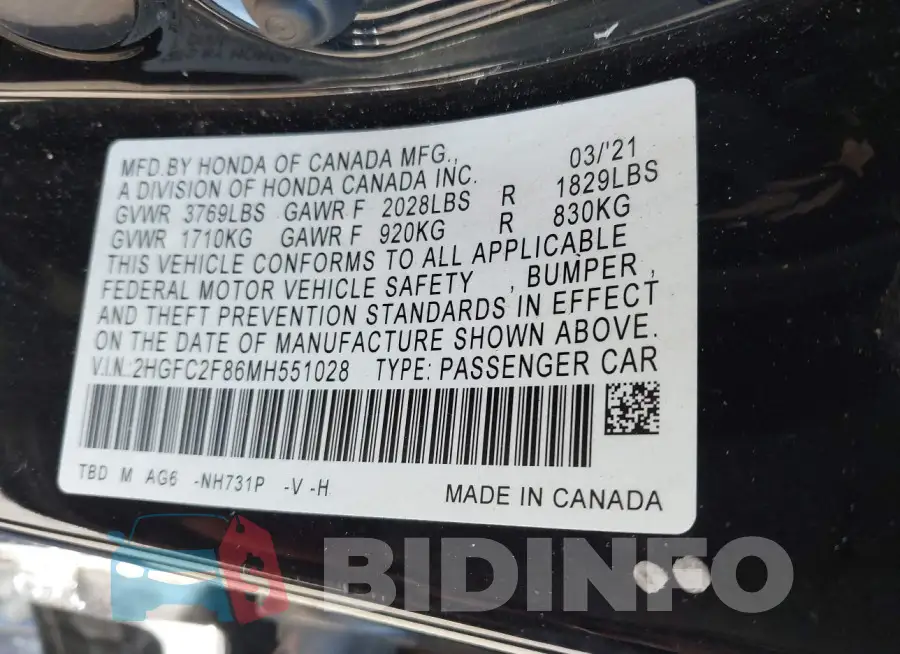 2HGFC2F86MH551028 Photo# 9