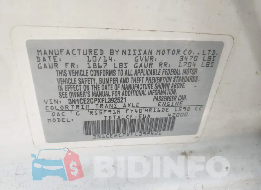 3N1CE2CPXFL392521 Photo# 9