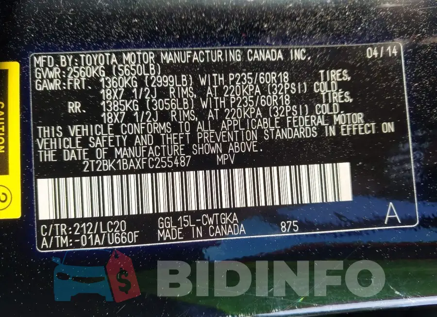 2T2BK1BAXFC255487 Photo# 9