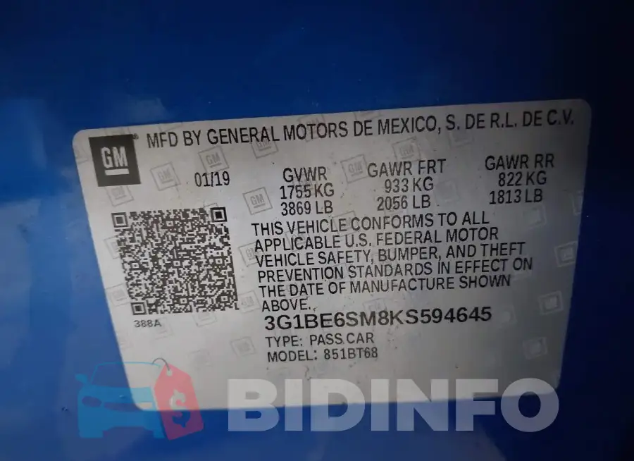 3G1BE6SM8KS594645 Photo# 9