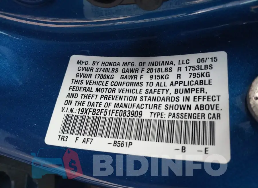 19XFB2F51FE083909 Photo# 9