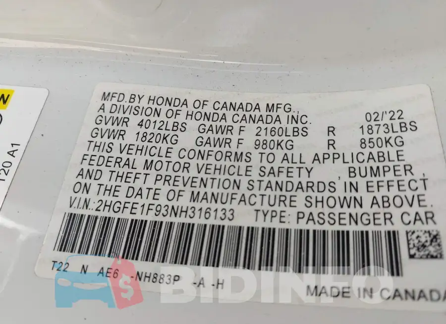 2HGFE1F93NH316133 Photo# 9