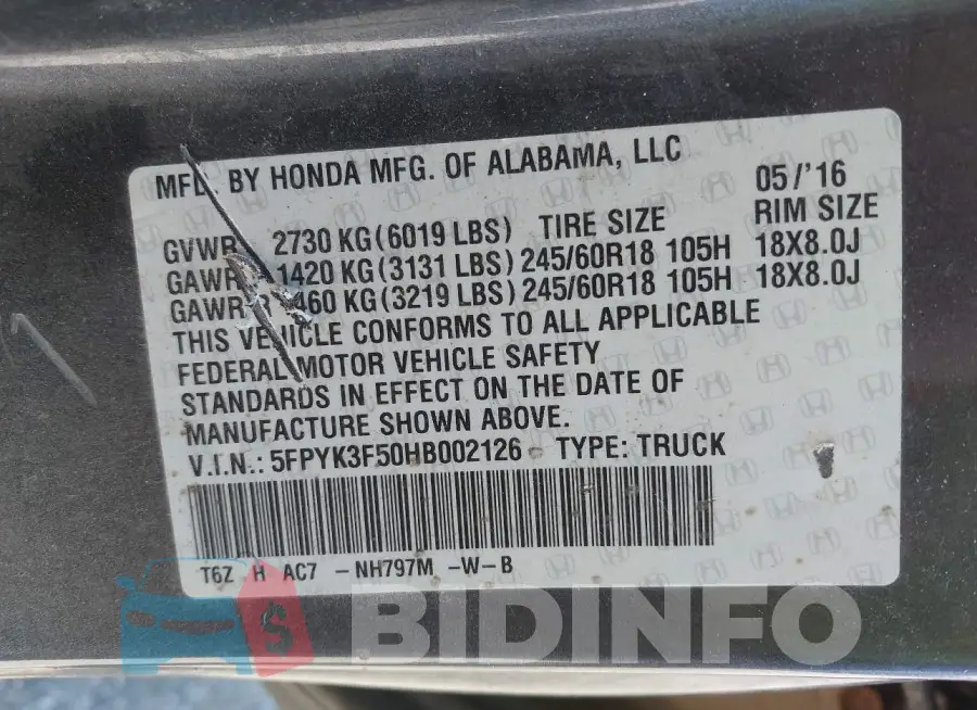 5FPYK3F50HB002126 Photo# 9