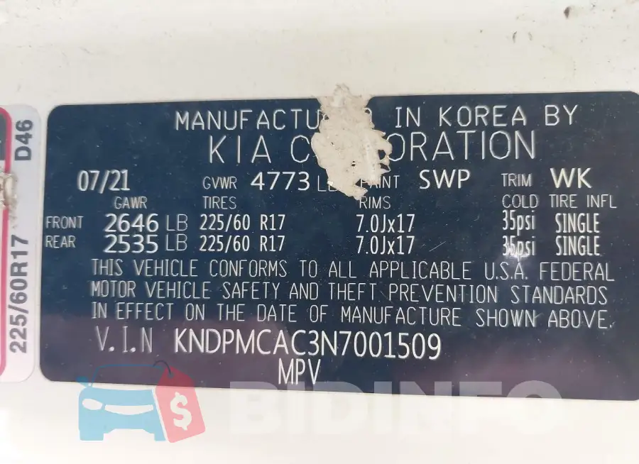 KNDPMCAC3N7001509 Photo# 9