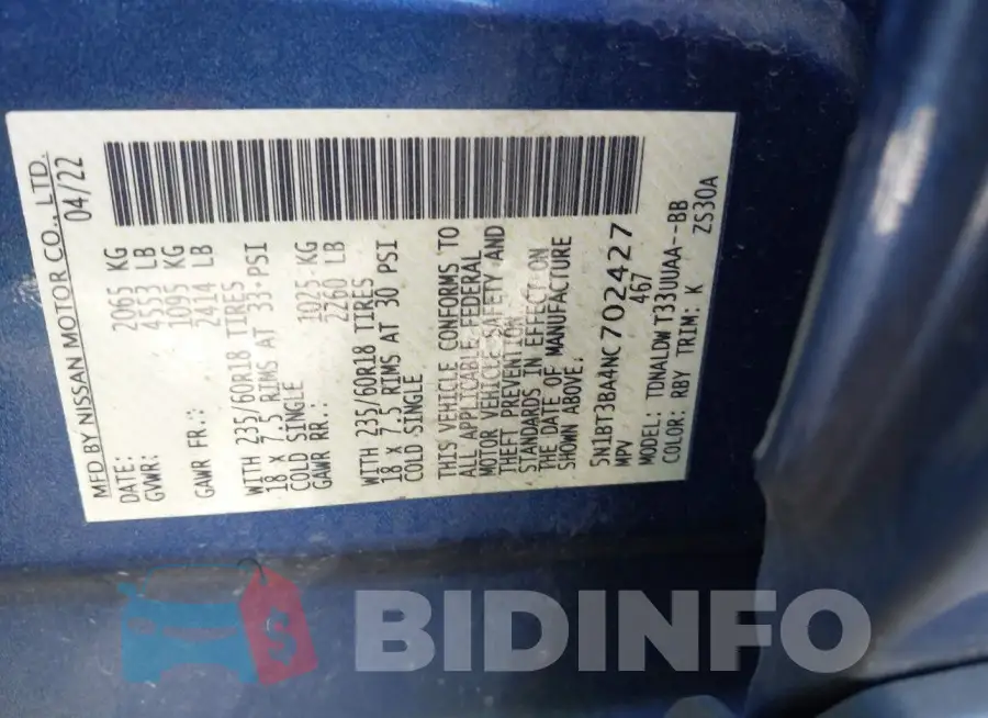 5N1BT3BA4NC702427 Photo# 9