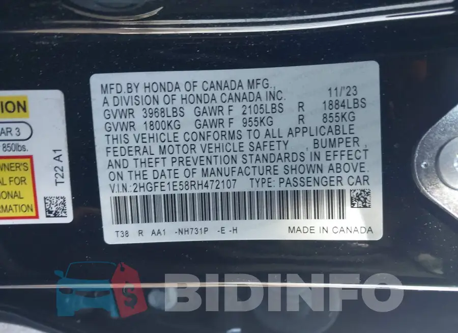 2HGFE1E58RH472107 Photo# 9