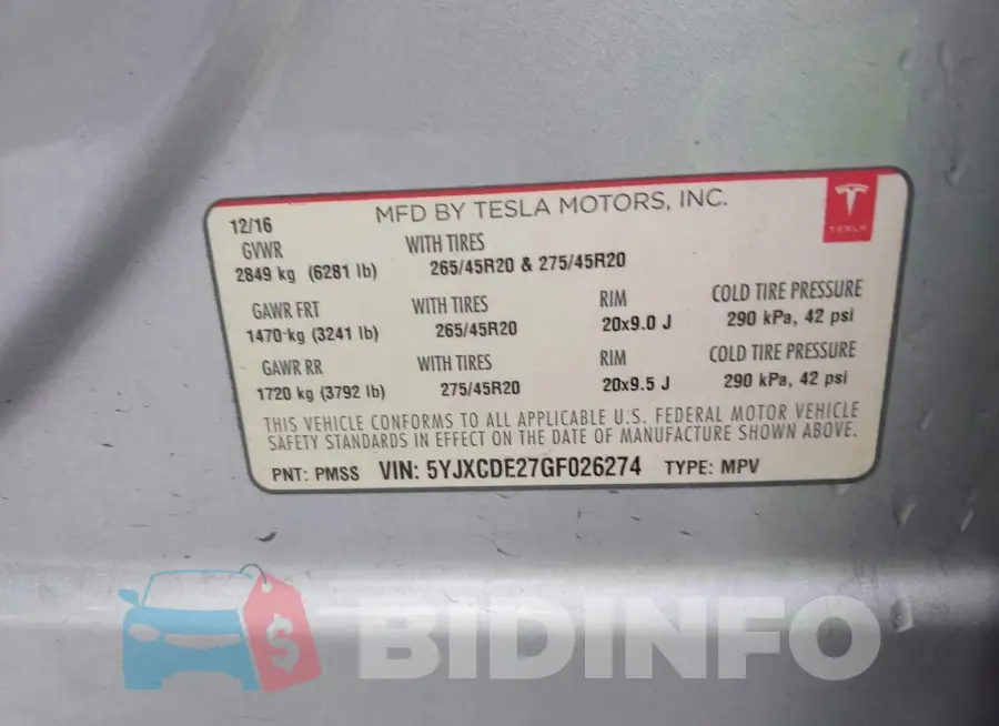 5YJXCDE27GF026274 Photo# 9
