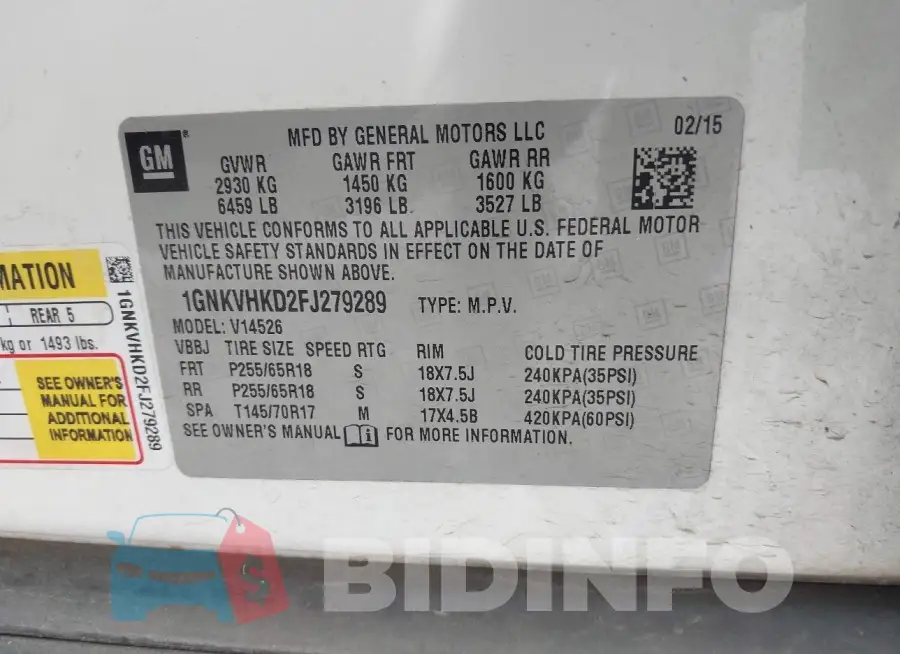 1GNKVHKD2FJ279289 Photo# 9