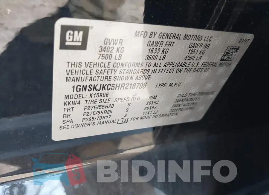 1GNSKJKC5HR218708 Photo# 9