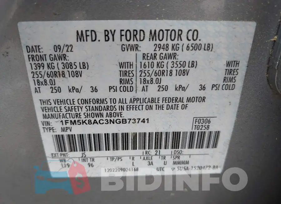 1FM5K8AC3NGB73741 Photo# 9