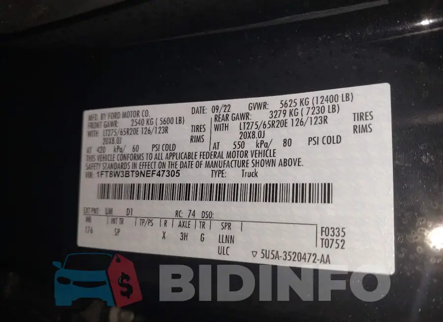1FT8W3BT9NEF47305 Photo# 8