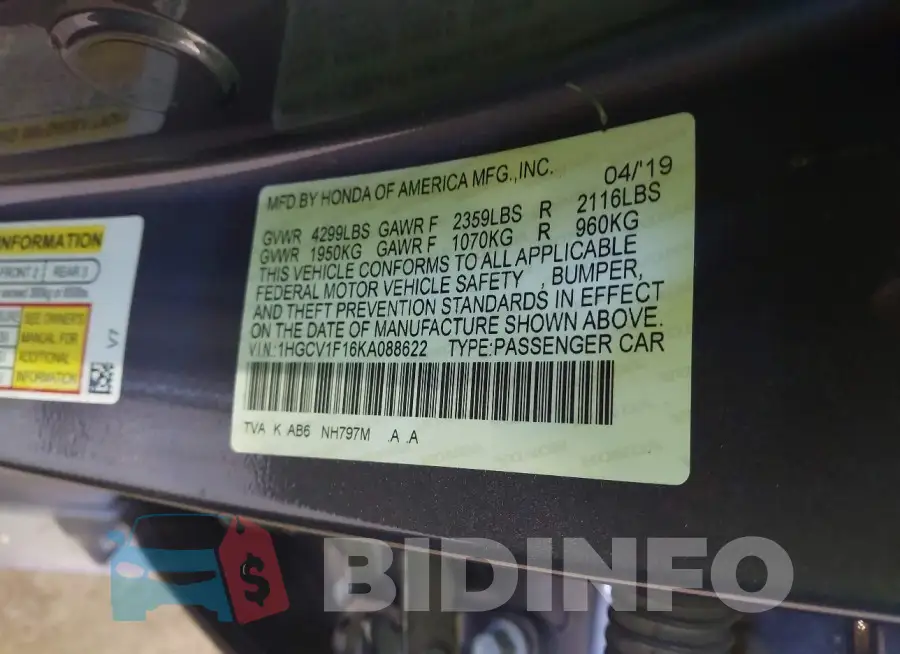 1HGCV1F16KA088622 Photo# 9
