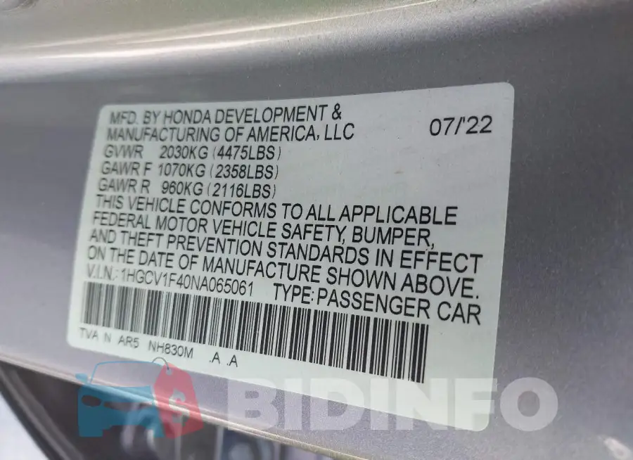1HGCV1F40NA065061 Photo# 9