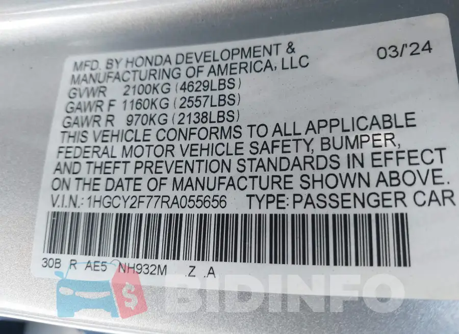 1HGCY2F77RA055656 Photo# 9