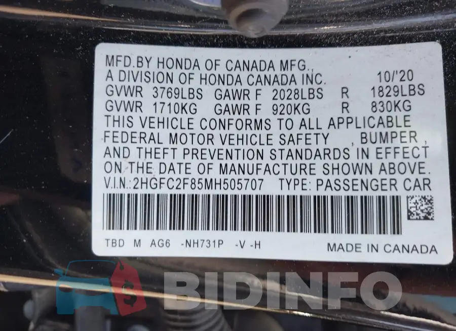 2HGFC2F85MH505707 Photo# 9