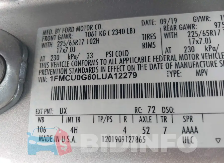 1FMCU0G60LUA12279 Photo# 9