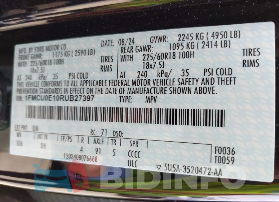 1FMCU0E10RUB27397 Photo# 9