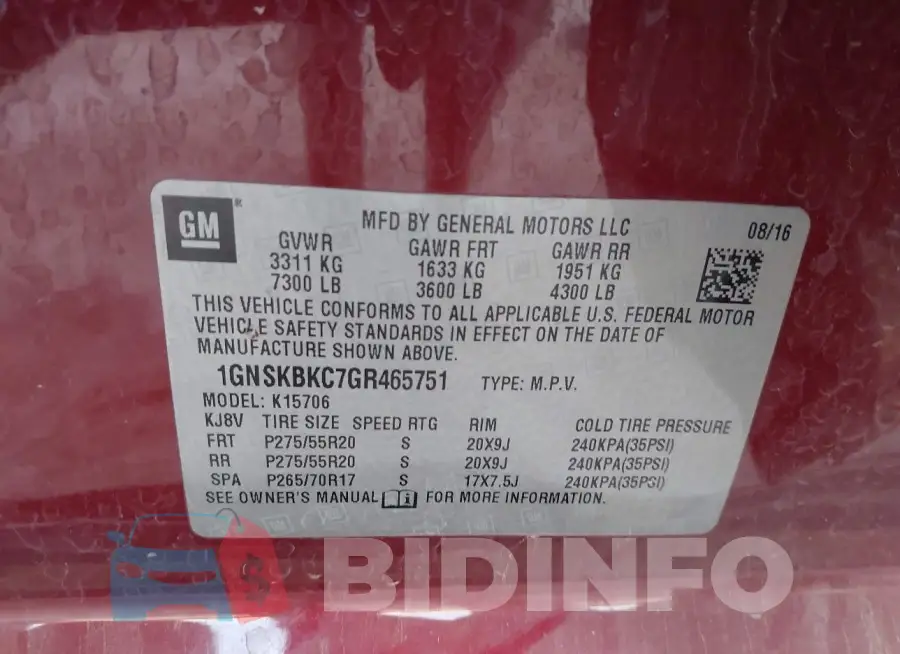 1GNSKBKC7GR465751 Photo# 9