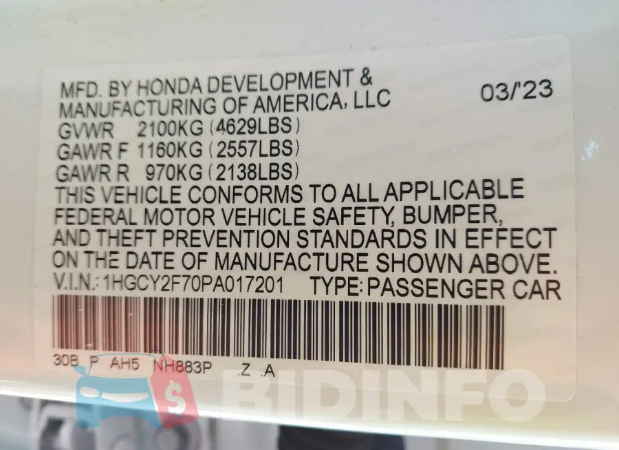 1HGCY2F70PA017201 Photo# 9