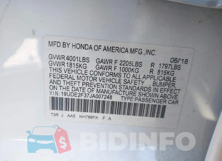 19UDE2F37JA007248 Photo# 9