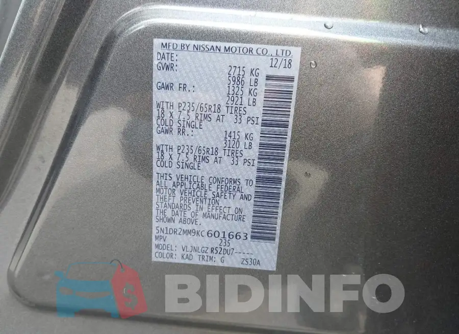 5N1DR2MM9KC601663 Photo# 9