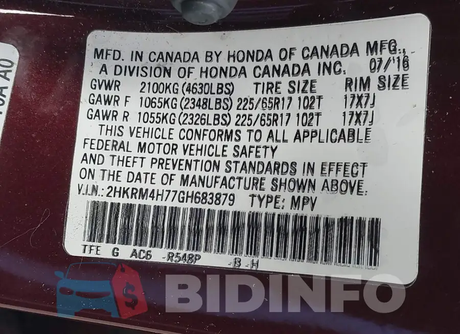 2HKRM4H77GH683879 Photo# 9
