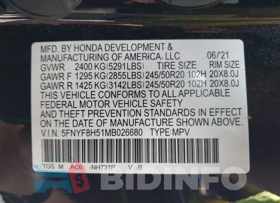 5FNYF8H51MB026680 Photo# 9