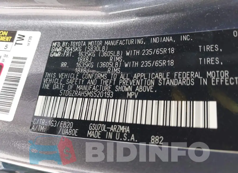 5TDGZRAH5MS520193 Photo# 9
