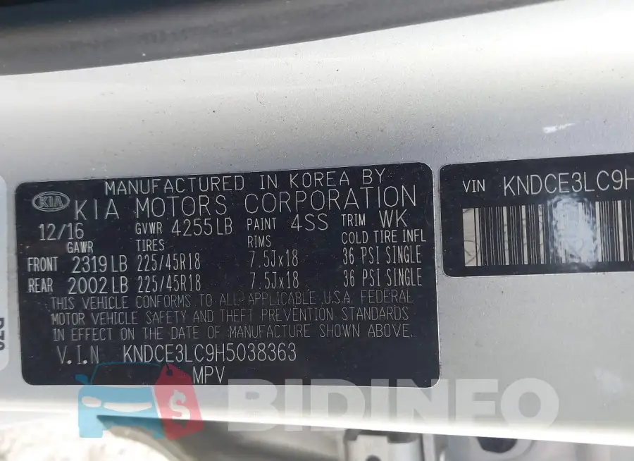 KNDCE3LC9H5038363 Photo# 9