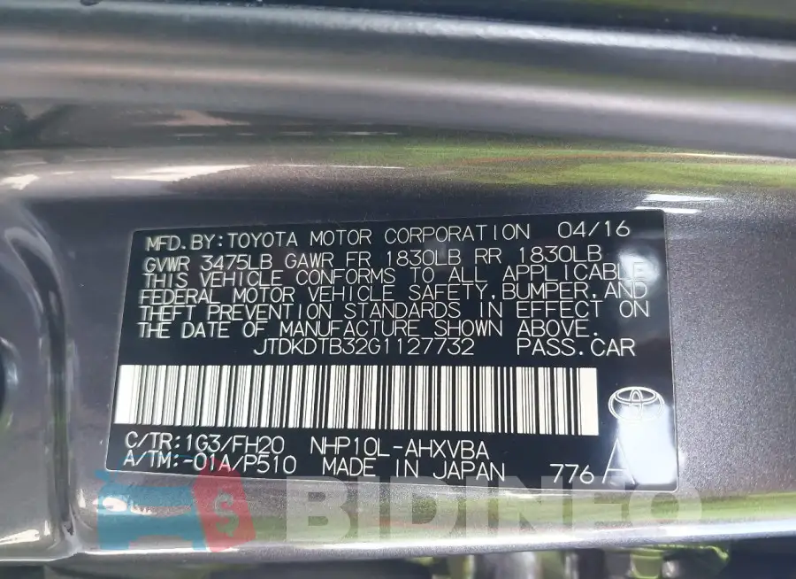 JTDKDTB32G1127732 Photo# 9