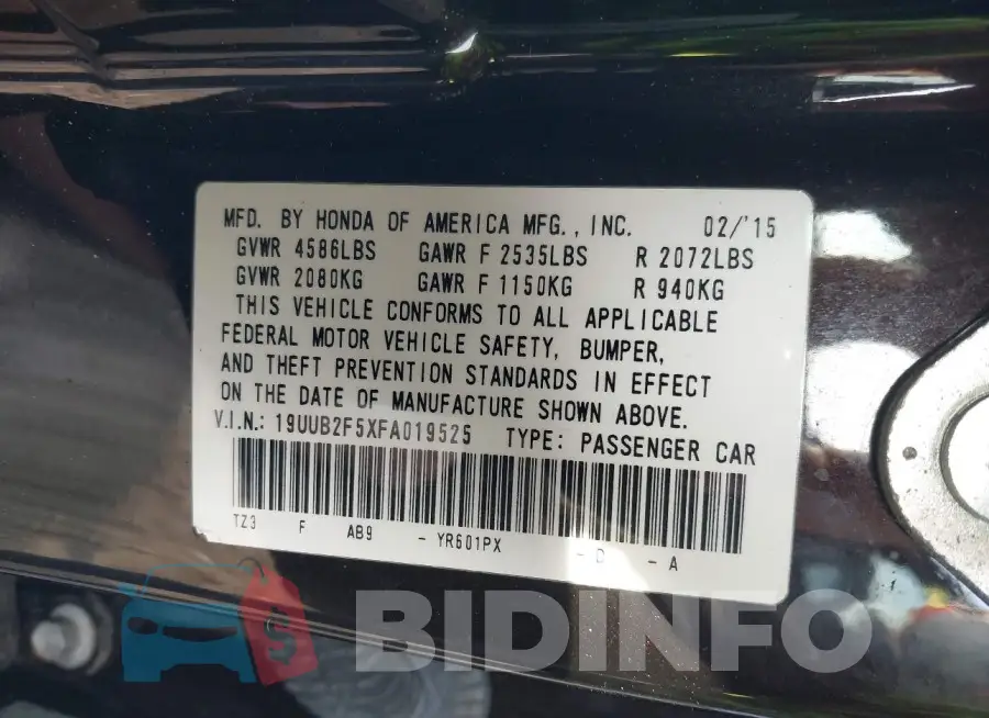 19UUB2F5XFA019525 Photo# 9