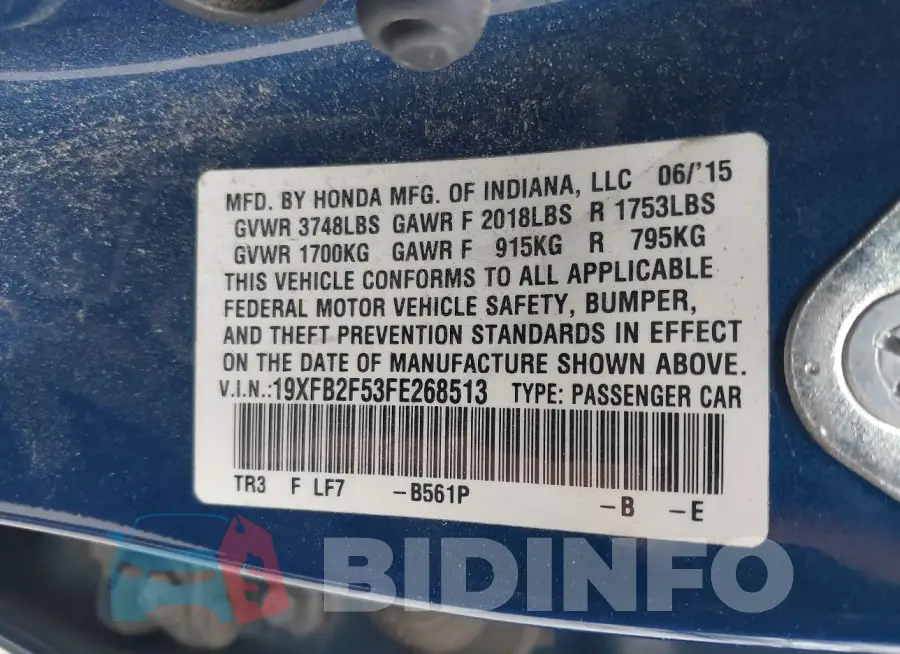 19XFB2F53FE268513 Photo# 9