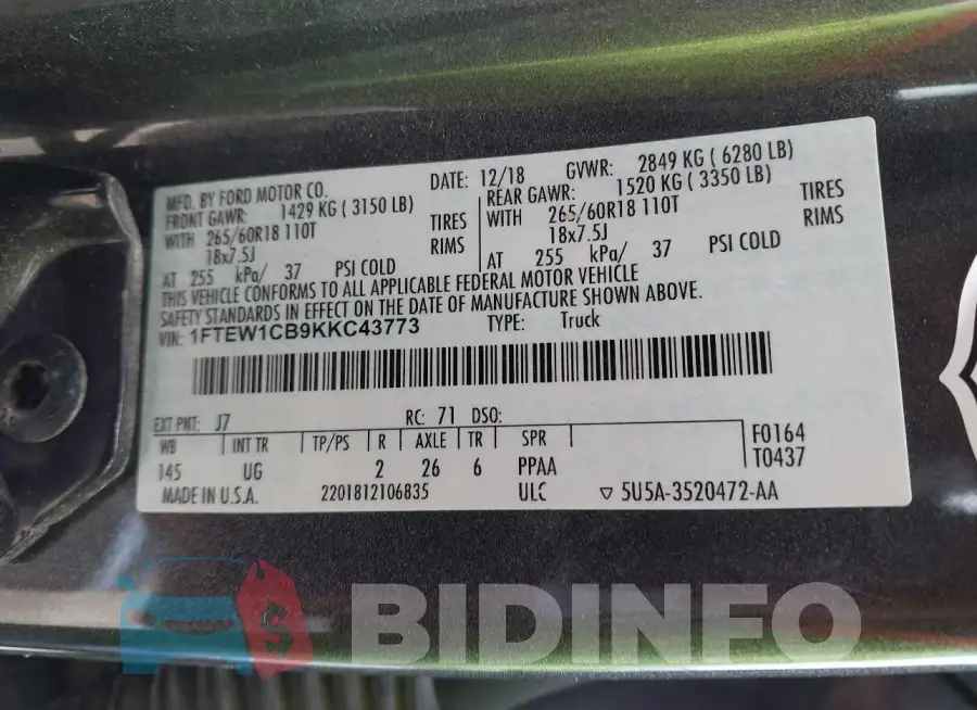 1FTEW1CB9KKC43773 Photo# 9
