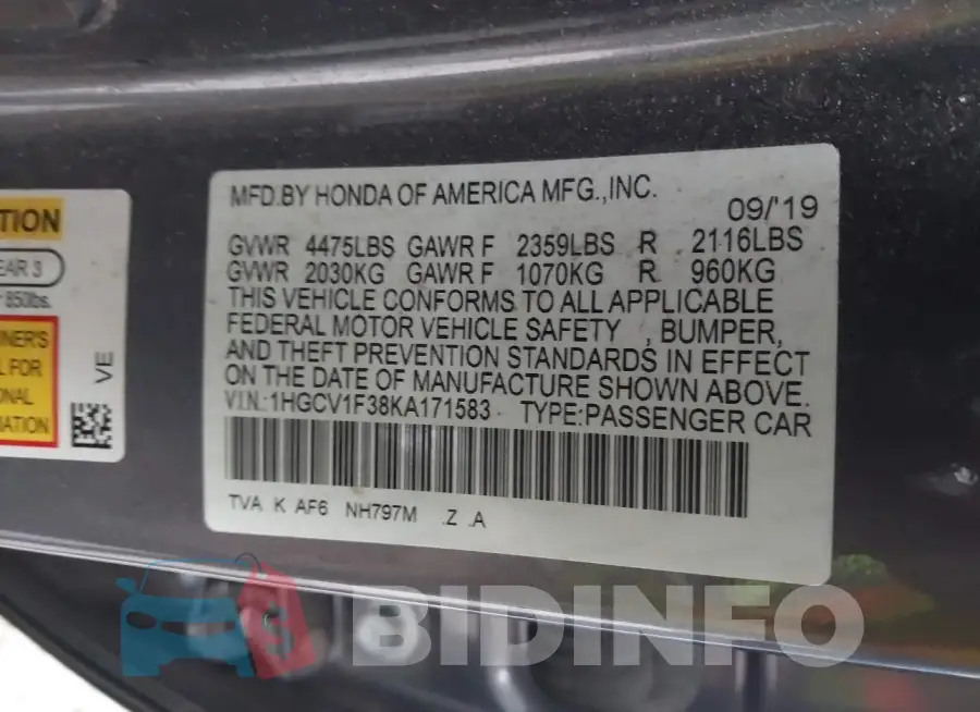 1HGCV1F38KA171583 Photo# 9