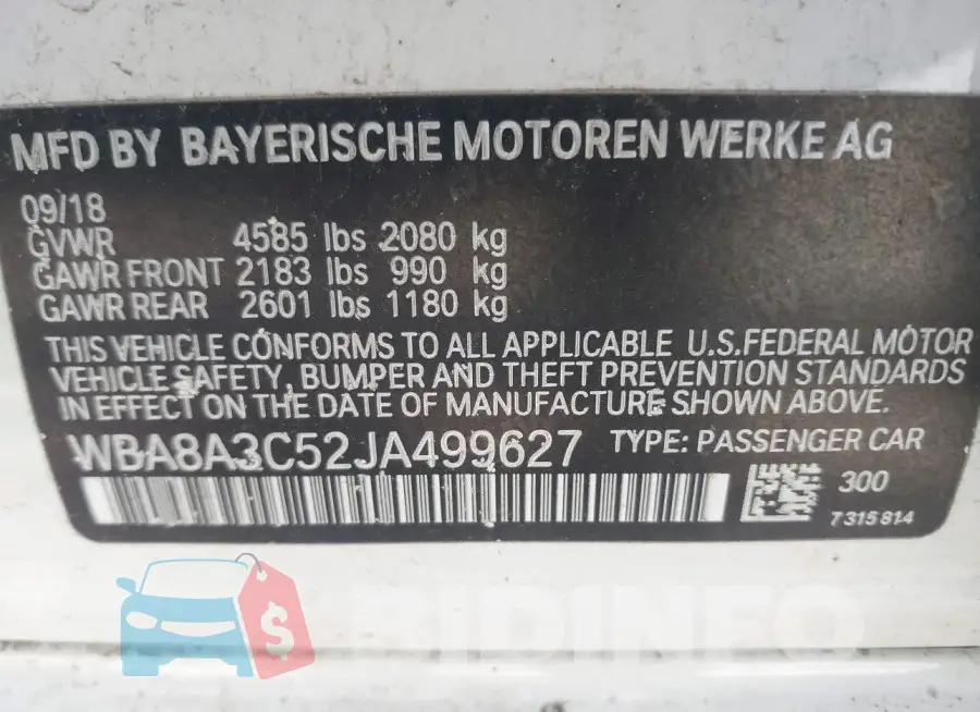 WBA8A3C52JA499627 Photo# 9