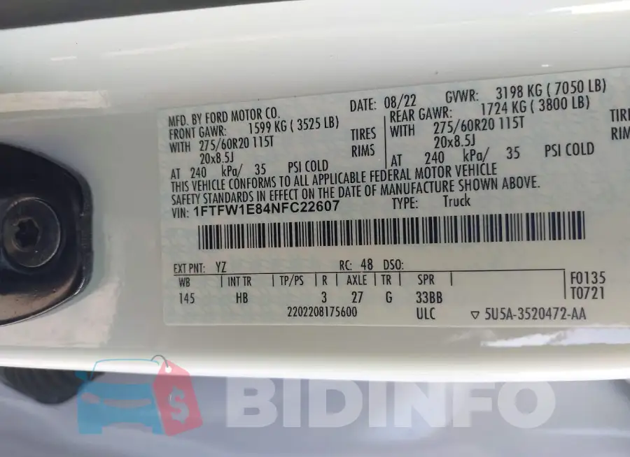 1FTFW1E84NFC22607 Photo# 9