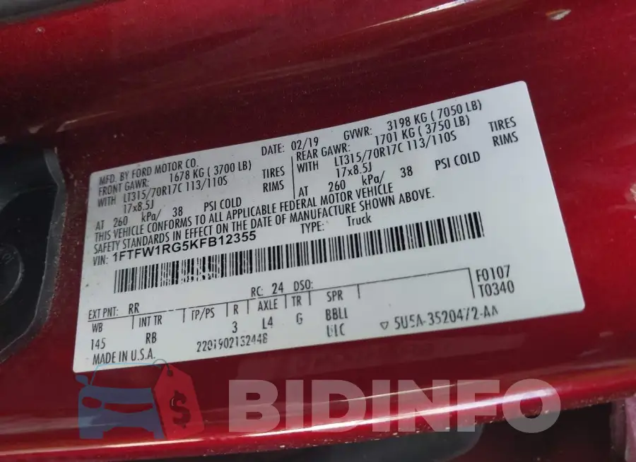 1FTFW1RG5KFB12355 Photo# 9