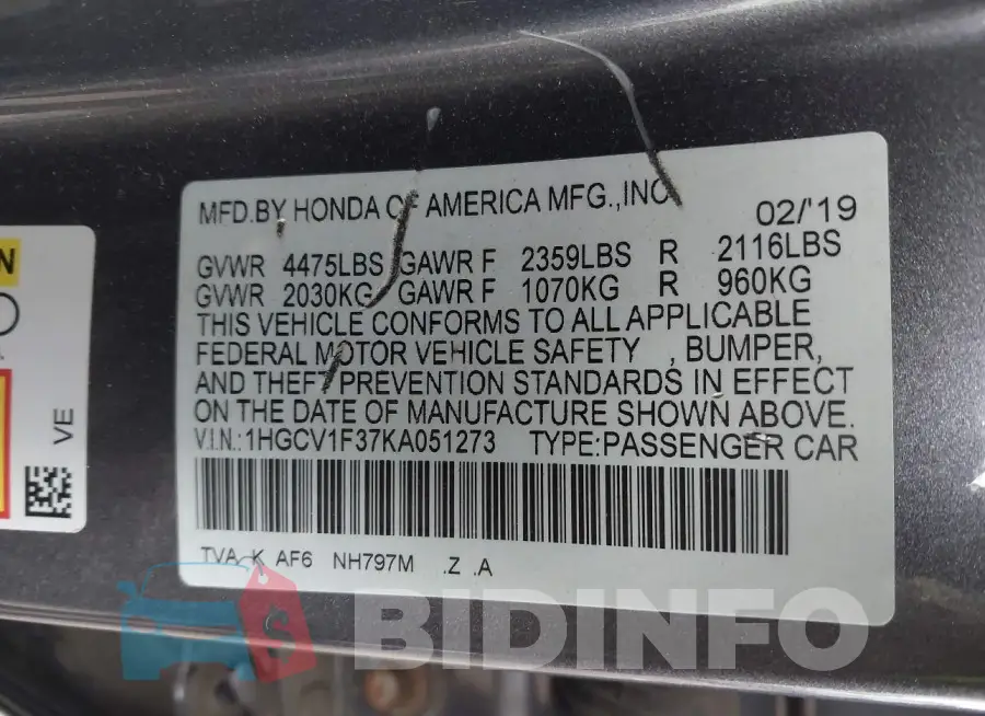 1HGCV1F37KA051273 Photo# 9