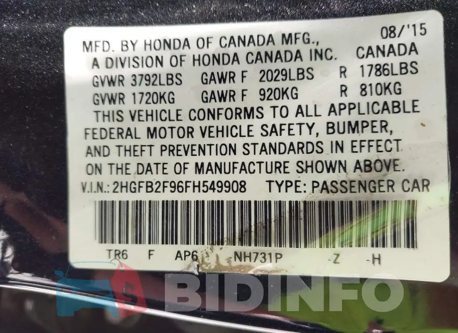 2HGFB2F96FH549908 Photo# 9