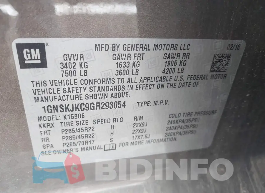 1GNSKJKC9GR293054 Photo# 9