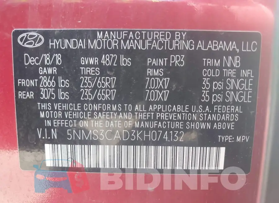 5NMS3CAD3KH074132 Photo# 9