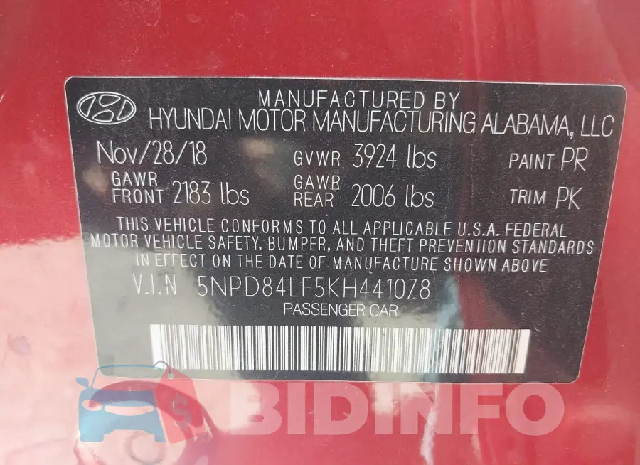 5NPD84LF5KH441078 Photo# 9
