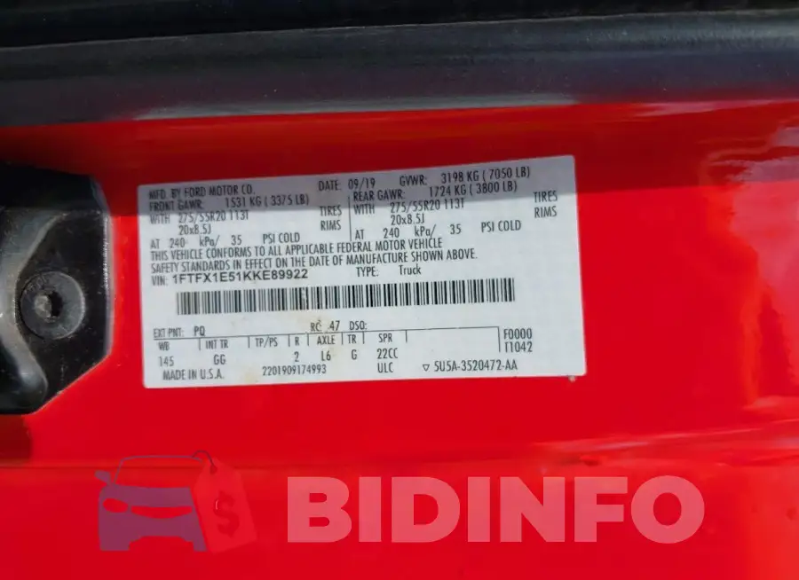 1FTFX1E51KKE89922 Photo# 9