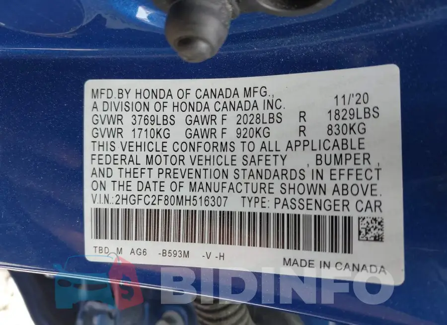 2HGFC2F80MH516307 Photo# 9