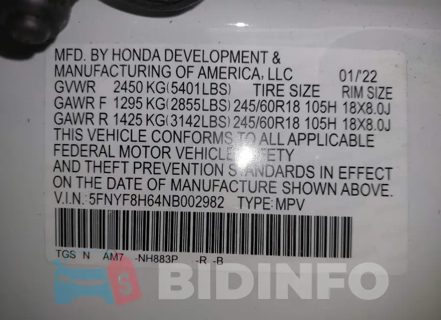 5FNYF8H64NB002982 Photo# 9