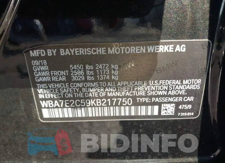 WBA7E2C59KB217750 Photo# 9