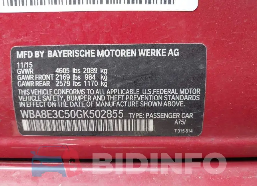 WBA8E3C50GK502855 Photo# 9