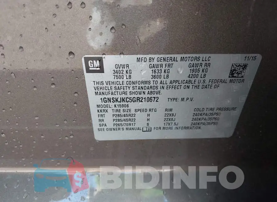 1GNSKJKC5GR210672 Photo# 9